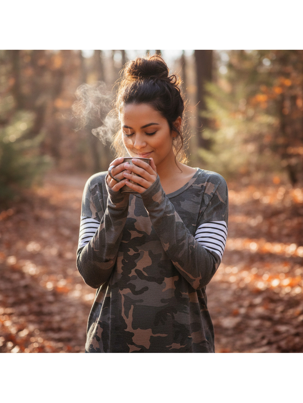 Lovely Melody Camo Long Sleeve Top with Striped Sleeves – Soft, Comfy & Stylish!